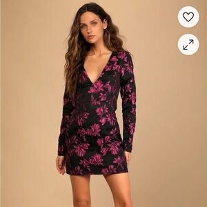 Lulus Elegant Taste Black and Pink Floral Jacquard Mini Dress – Size Small – NWT